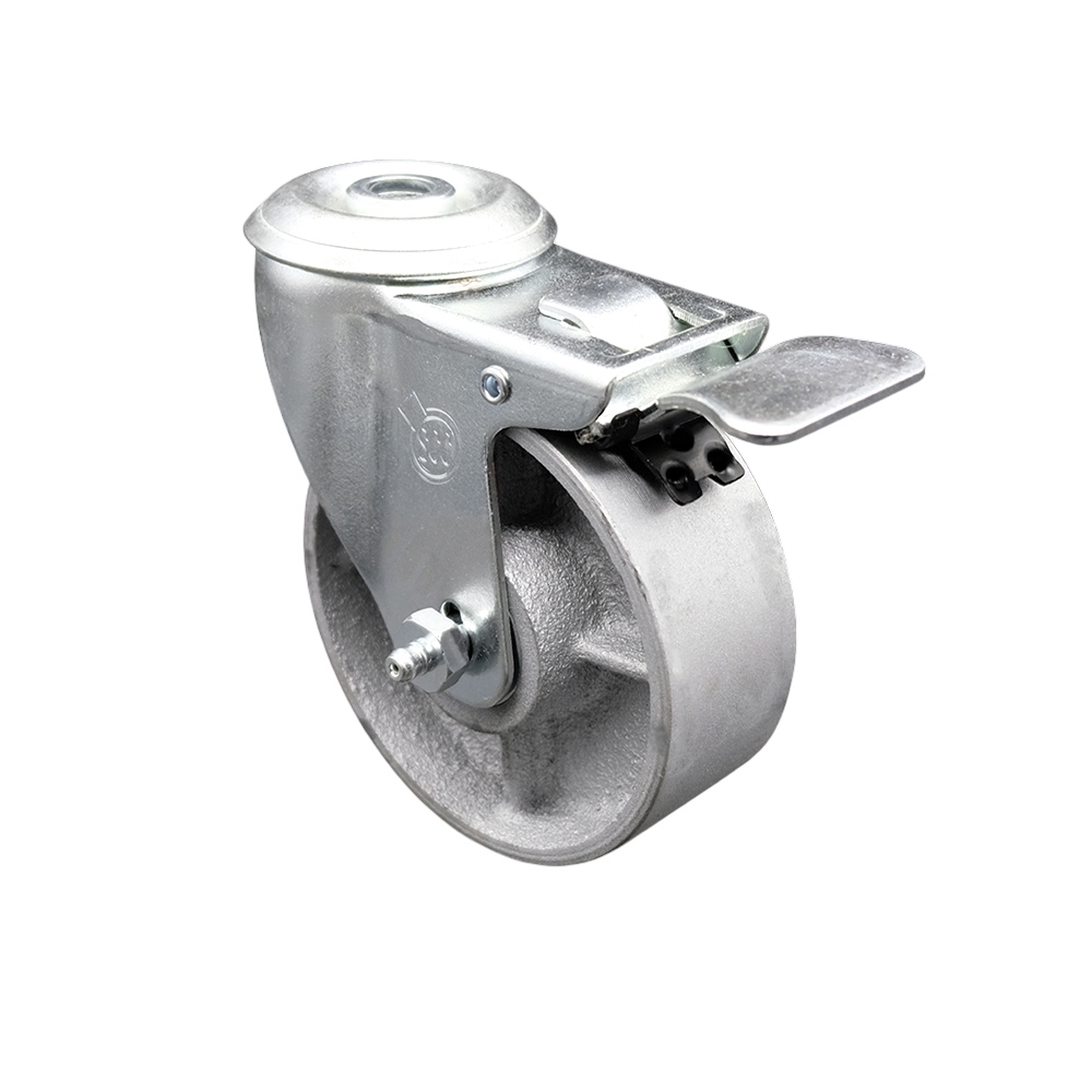 Semi Steel Cast Iron Swivel Bolt Hole Caster w/Roller Bearing - 4" x 1.5" Silver Wheel & Total Locking Brake - 300 lbs Capacity/Caster - Service Caster Brand — photo 1