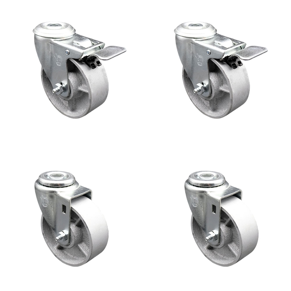 Semi Steel Cast Iron Swivel Bolt Hole Caster Set of 4 - 4" x 1.25" Silver Wheels - Includes 2 with Total Locking Brakes - 1200 lbs Total Capacity - Service Caster Brand — photo 1