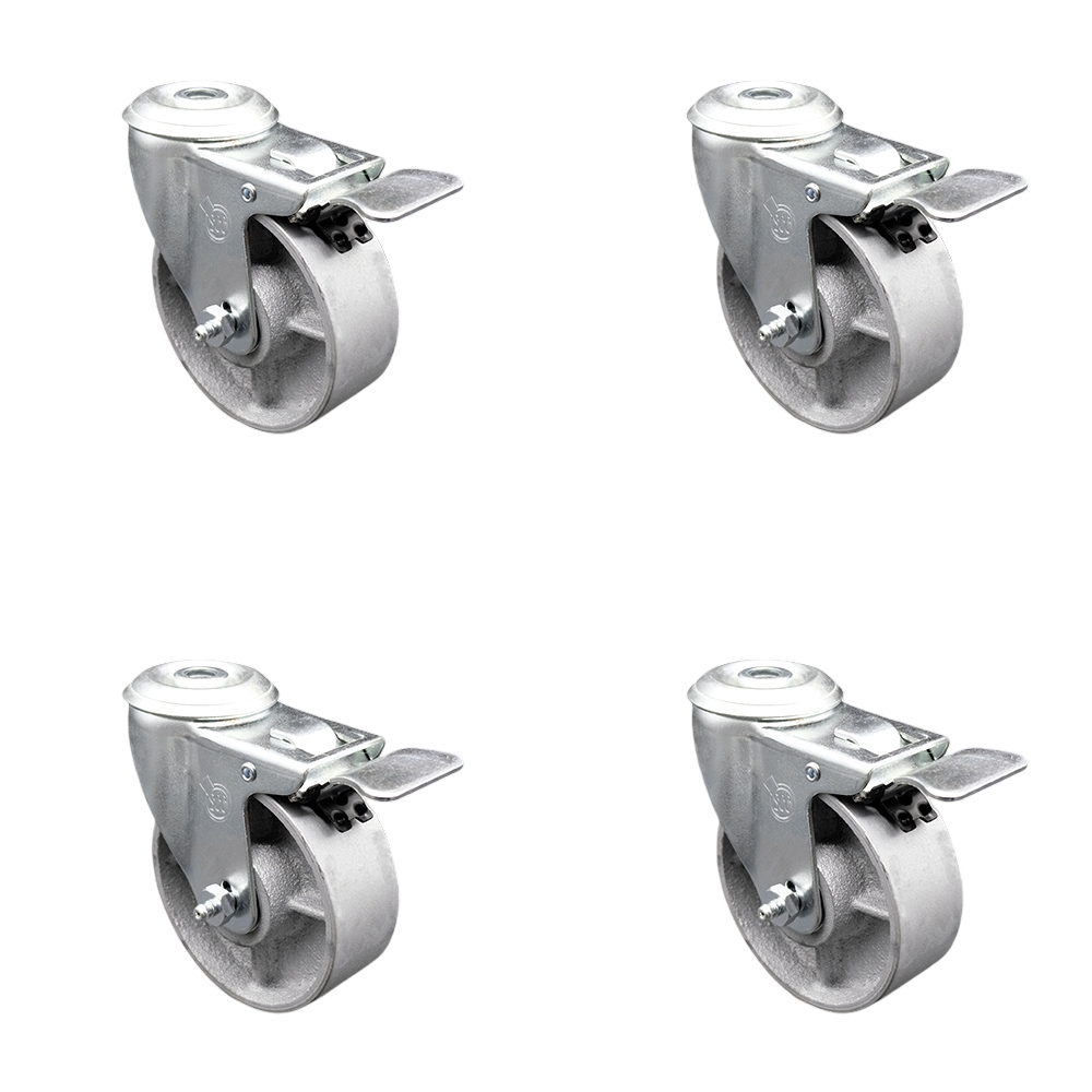 Semi Steel Cast Iron Swivel Bolt Hole Caster Set of 4 w/4" x 1.25" Silver Wheels - Includes 4 Swivel with Total Lock Brakes - 1200 lbs Total Capacity - Service Caster Brand — photo 1