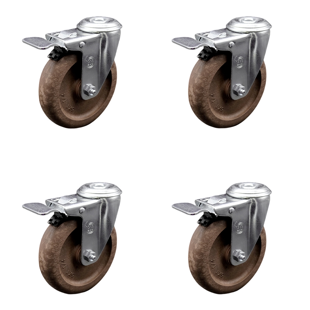 High Temp Glass Filled Nylon Swivel Bolt Hole Caster Set of 4 w/5" x 1.25" Brown Wheels - Includes 4 Swivel with Total Lock Brakes - 1400 lbs Total Capacity - Service Caster Brand — photo 1