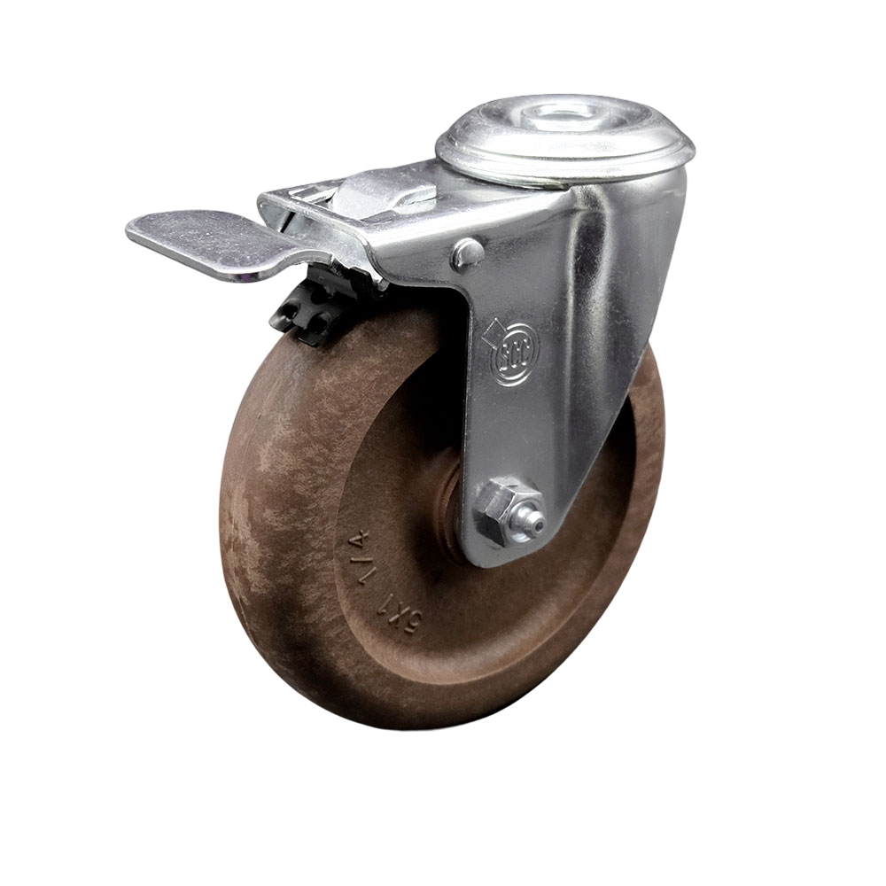 High Temp Glass Filled Nylon Swivel Bolt Hole Caster w/5" x 1.25" Brown Wheel & Total Locking Brake - 350 lbs Capacity/Caster - Service Caster Brand — photo 1