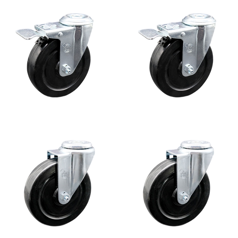 Hard Rubber Swivel Bolt Hole Caster Set of 4 w/5" x 1.25" Black Wheels - Includes 2 with Total Locking Brakes - 1100 lbs Total Capacity - Service Caster Brand — photo 1