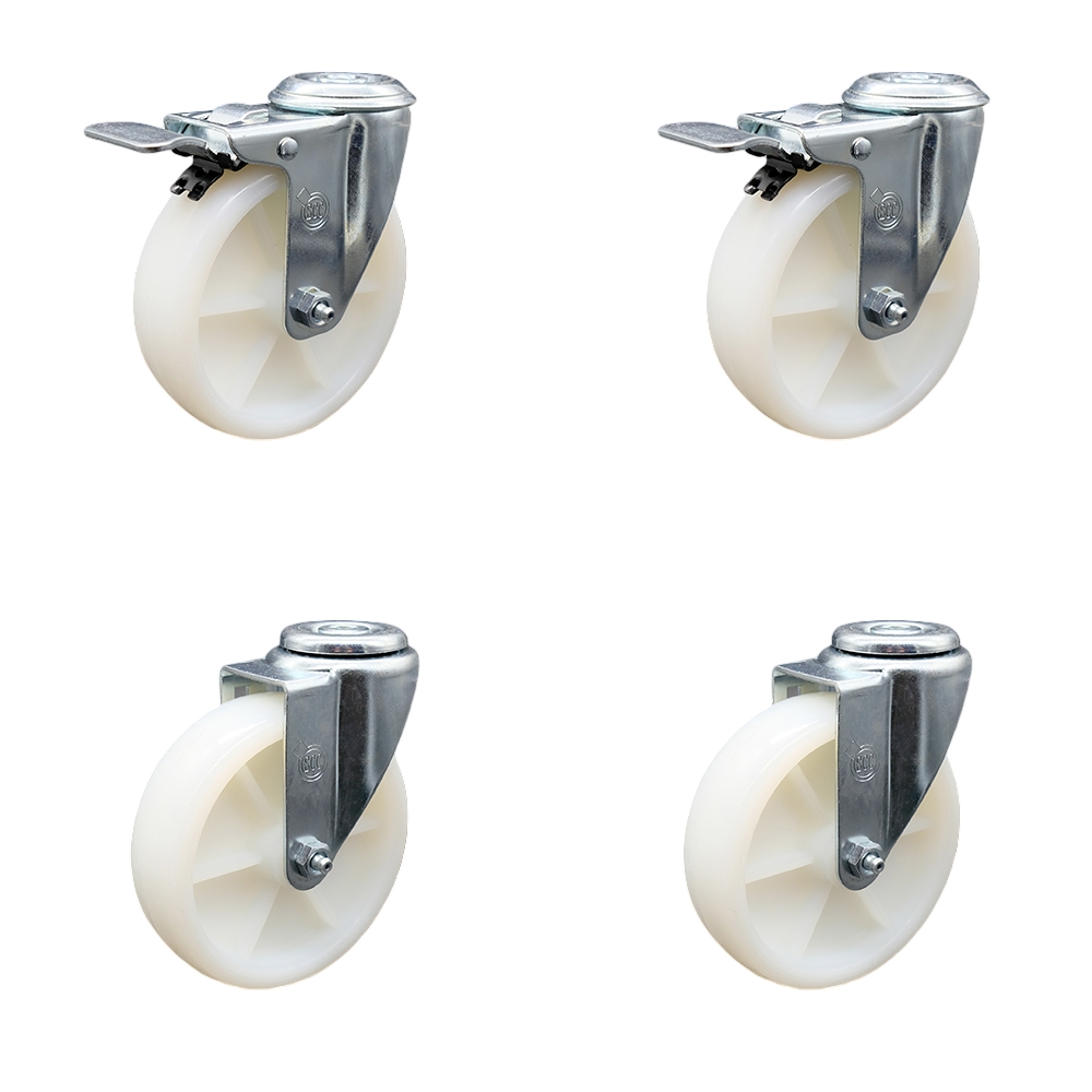 Nylon Swivel Bolt Hole Caster Set of 4 w/5" x 1.25" White Wheels - Includes 2 with Total Locking Brakes - 1200 lbs Total Capacity - Service Caster Brand — photo 1