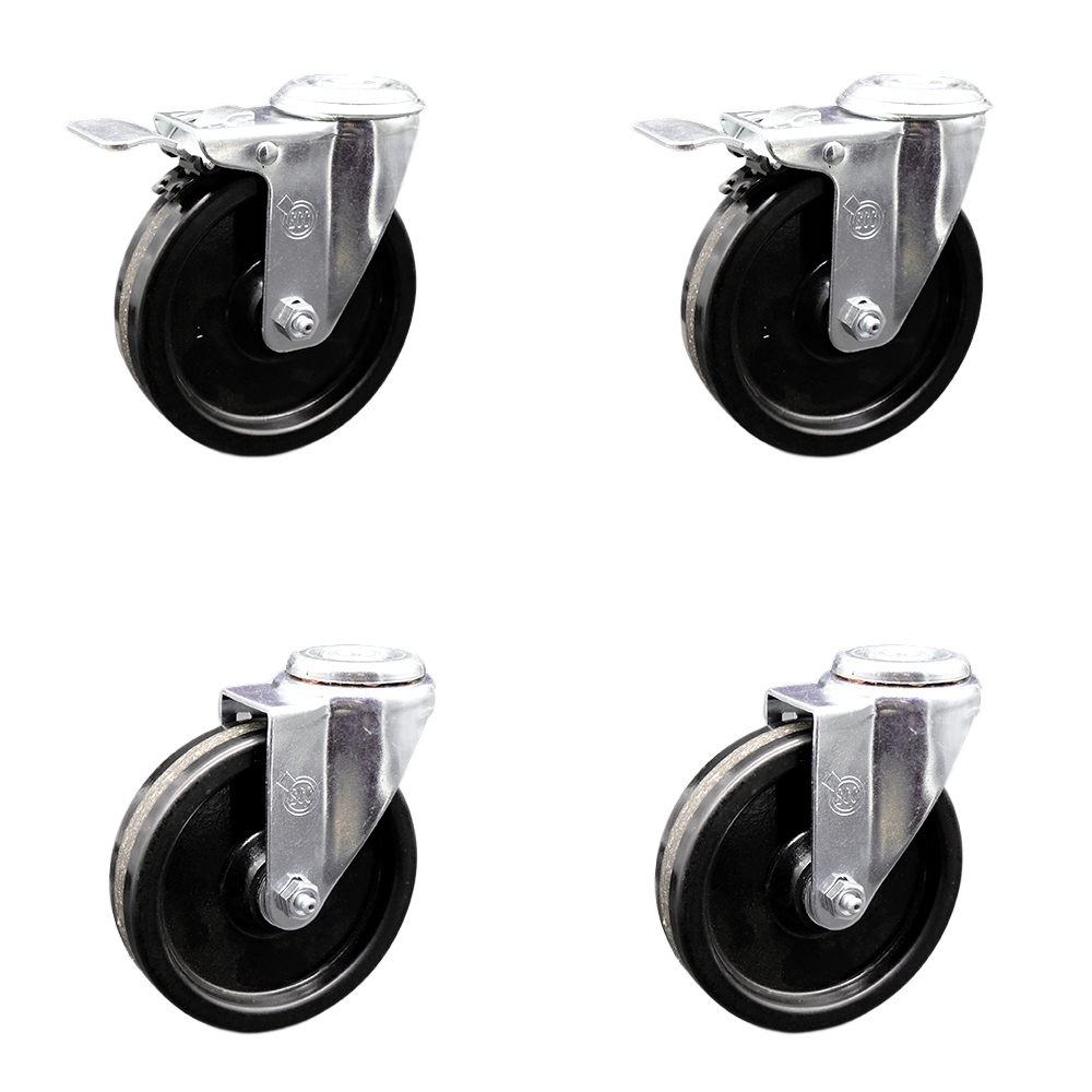 Phenolic Swivel Bolt Hole Caster Set of 4 w/Roller Bearing - 5" x 1.25" Black Wheels - Includes 2 with Total Locking Brakes - 1200 lbs Total Capacity - Service Caster Brand — photo 1