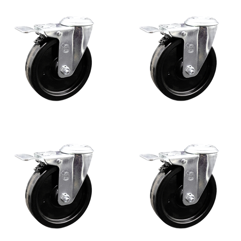 Phenolic Swivel Bolt Hole Caster w/Roller Bearing Set of 4 w/5" x 1.25" Black Wheels - Includes 4 Swivel with Total Lock Brakes - 1200 lbs Total Capacity - Service Caster Brand — photo 1