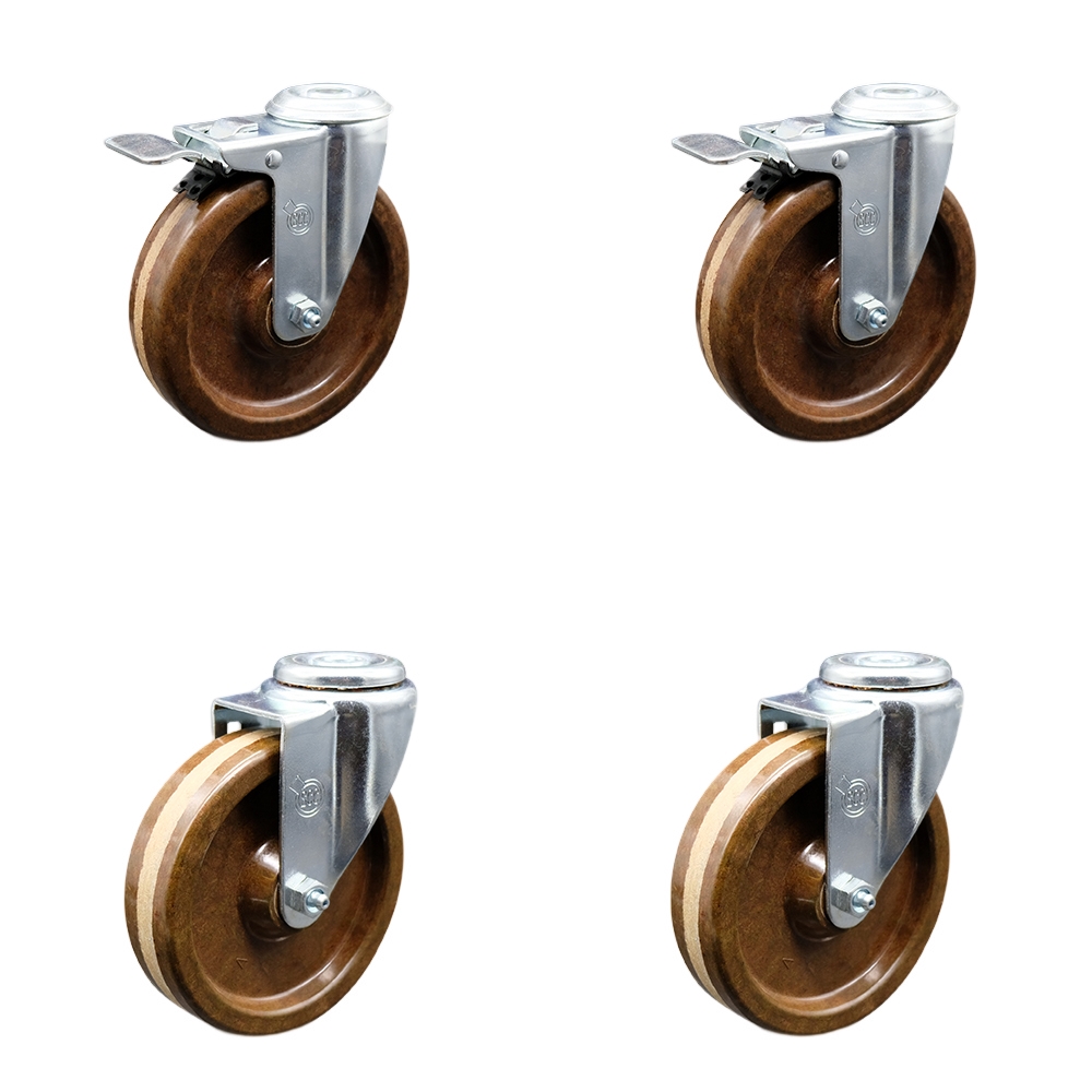 High Temperature Phenolic Swivel Bolt Hole Caster Set of 4 w/Roller Bearing - 5" x 1.25" Brown Wheels - Includes 2 with Total Locking Brakes - 1200 lbs Total Capacity - Service Caster Brand — photo 1