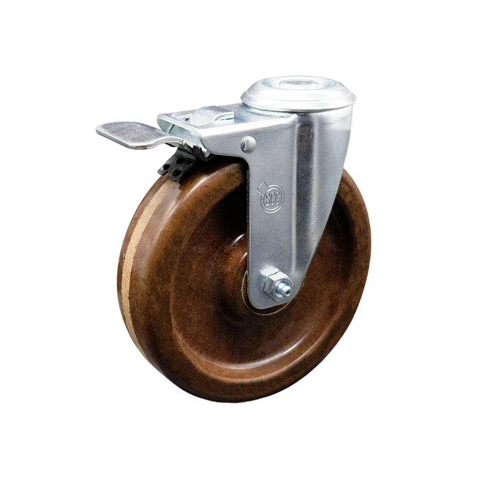 High Temperature Phenolic Swivel Bolt Hole Caster w/Roller Bearing - 5" x 1.25" Brown Wheel & Total Locking Brake - 300 lbs Capacity/Caster - Service Caster Brand — photo 1