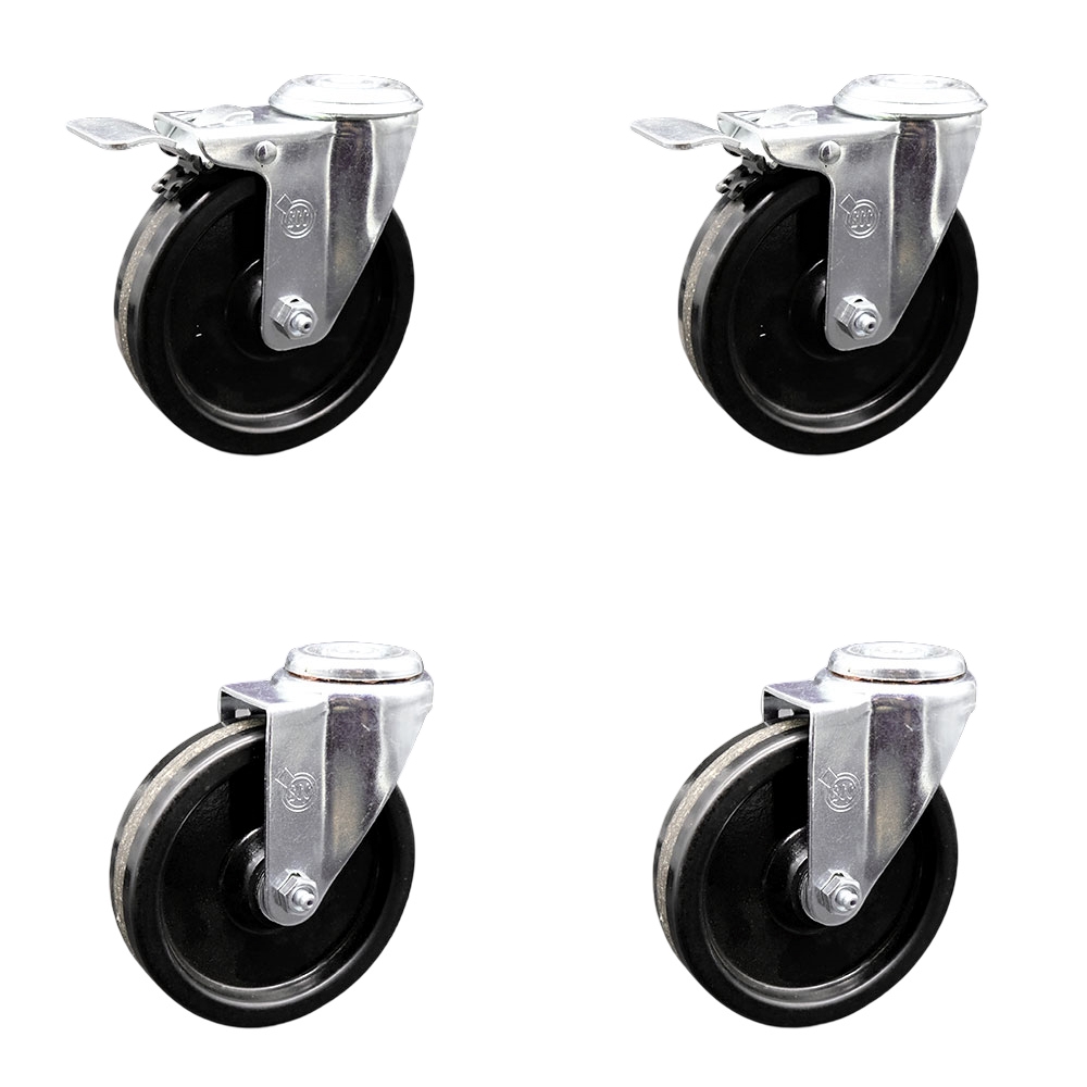 Phenolic Swivel Bolt Hole Caster Set of 4 w/5" x 1.25" Black Wheels - Includes 2 with Total Locking Brakes - 1200 lbs Total Capacity - Service Caster Brand — photo 1