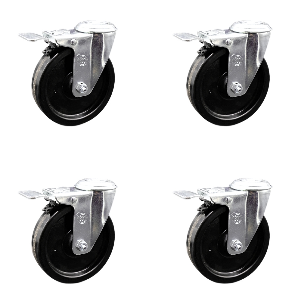 Phenolic Swivel Bolt Hole Caster Set of 4 w/5" x 1.25" Black Wheels - Includes 4 Swivel with Total Lock Brakes - 1200 lbs Total Capacity - Service Caster Brand — photo 1