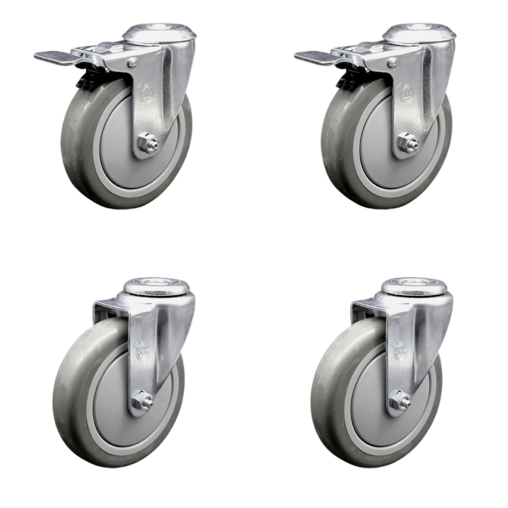 Polyurethane Swivel Bolt Hole Caster Set of 4 w/5" x 1.25" Gray Wheels - Includes 2 with Total Locking Brakes - 1400 lbs Total Capacity - Service Caster Brand — photo 1