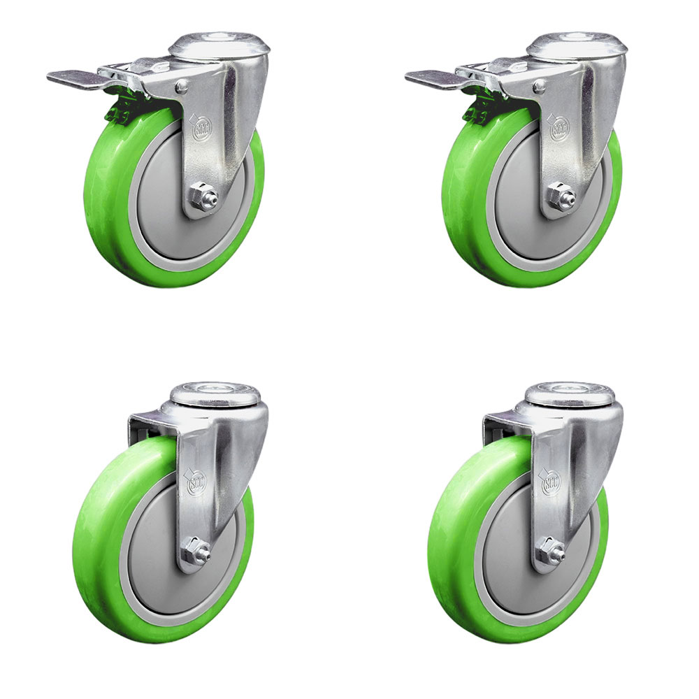 Polyurethane Swivel Bolt Hole Caster Set of 4 w/5" x 1.25" Green Wheels - Includes 2 with Total Locking Brakes - 1400 lbs Total Capacity - Service Caster Brand — photo 1
