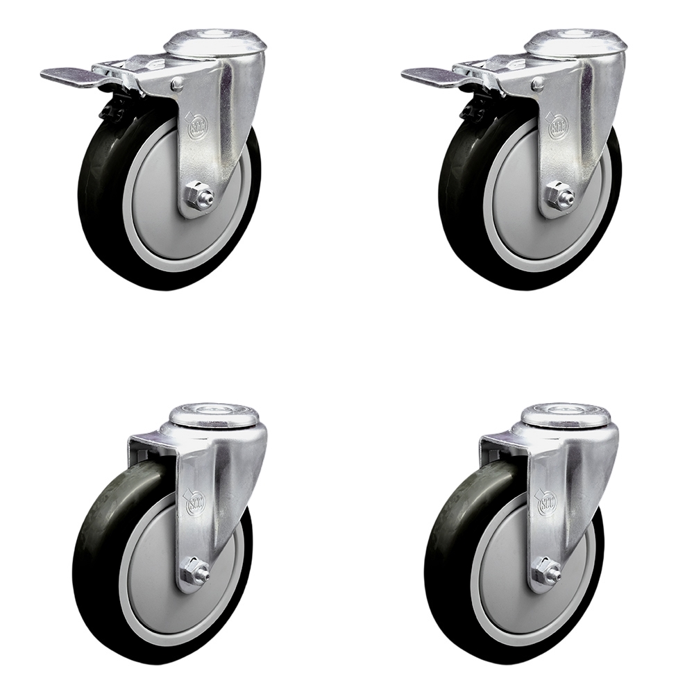 Stainless Steel Polyurethane Swivel Bolt Hole Caster Set of 4 w/5" x 1.25" Black Wheels - Includes 2 with Total Locking Brakes - 1400 lbs Total Capacity - Service Caster Brand — photo 1
