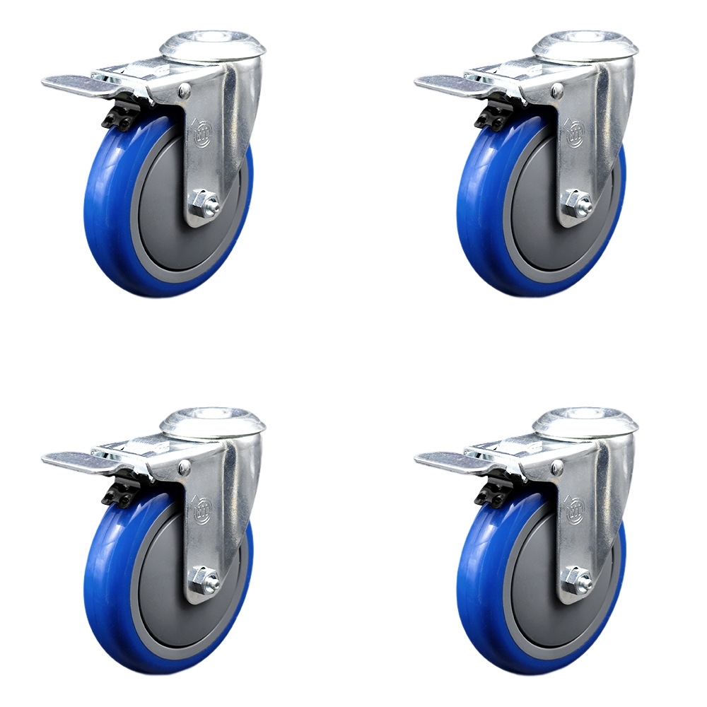 Polyurethane Swivel Bolt Hole Caster Set of 4 w/5" x 1.25" Blue Wheels - Includes 4 Swivel with Total Lock Brakes - 1400 lbs Total Capacity - Service Caster Brand — photo 1