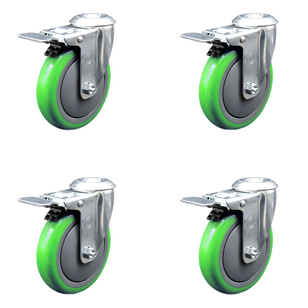 Polyurethane Swivel Bolt Hole Caster Set of 4 w/5" x 1.25" Green Wheels - Includes 4 Swivel with Total Lock Brakes - 1400 lbs Total Capacity - Service Caster Brand — photo 1