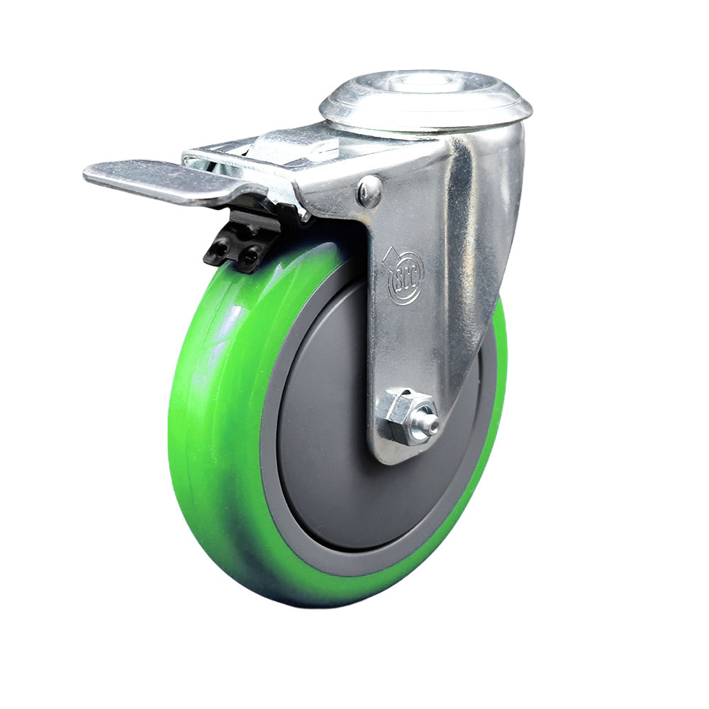 Polyurethane Swivel Bolt Hole Caster w/5" x 1.25" Green Wheel & Total Locking Brake - 350 lbs Capacity/Caster - Service Caster Brand — photo 1