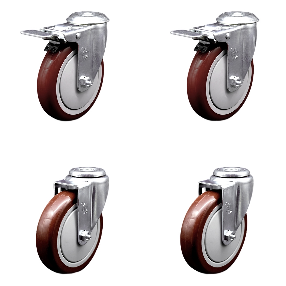 Polyurethane Swivel Bolt Hole Caster Set of 4 w/5" x 1.25"  Maroon Wheels - Includes 2 with Total Locking Brakes - 1400 lbs Total Capacity - Service Caster Brand — photo 1