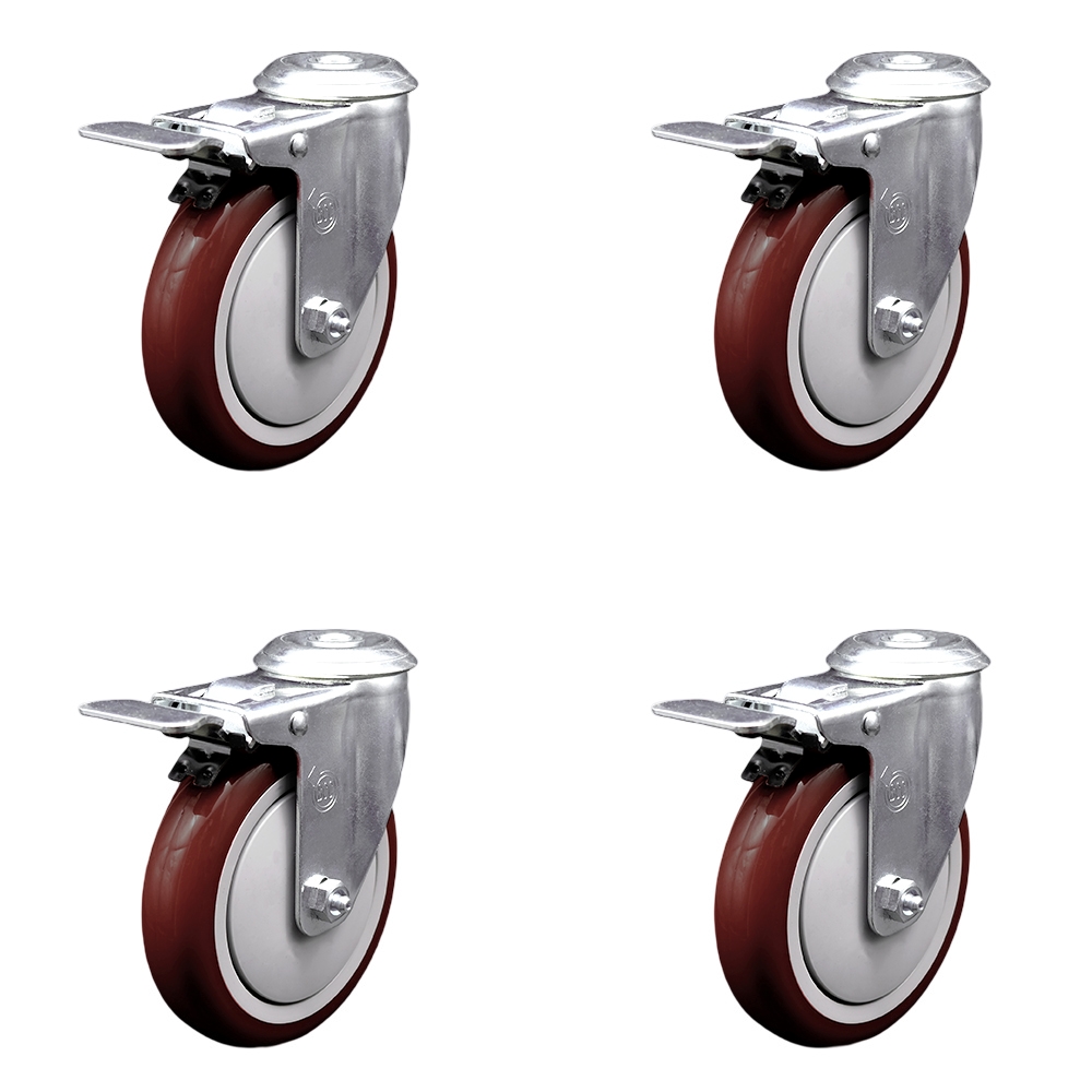 Polyurethane Swivel Bolt Hole Caster Set of 4 w/5" x 1.25" Maroon Wheels - Includes 4 Swivel with Total Lock Brakes - 1400 lbs Total Capacity - Service Caster Brand — photo 1