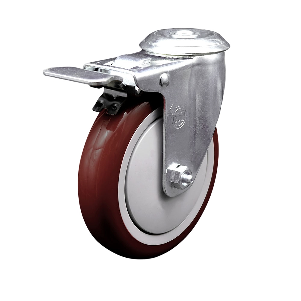 Polyurethane Swivel Bolt Hole Caster w/5" x 1.25"  Maroon Wheel & Total Locking Brake - 350 lbs Capacity/Caster - Service Caster Brand — photo 1