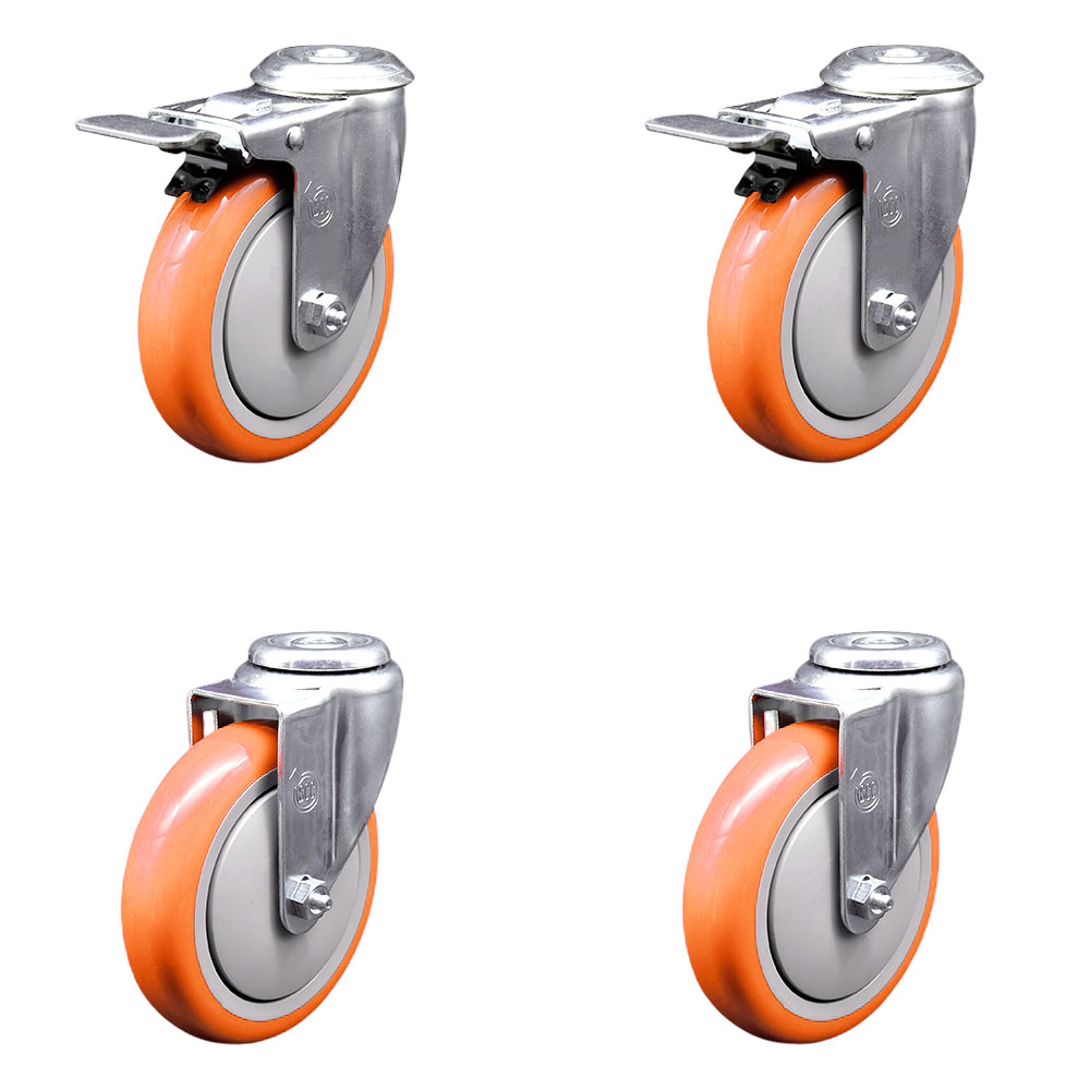 Polyurethane Swivel Bolt Hole Caster Set of 4 w/5" x 1.25" Orange Wheels - Includes 2 with Total Locking Brakes - 1400 lbs Total Capacity - Service Caster Brand — photo 1