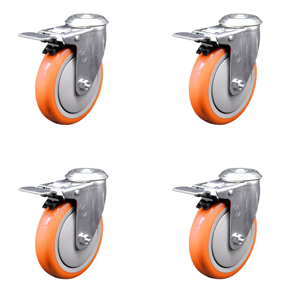 Polyurethane Swivel Bolt Hole Caster Set of 4 w/5" x 1.25" Orange Wheels - Includes 4 Swivel with Total Lock Brakes - 1400 lbs Total Capacity - Service Caster Brand — photo 1