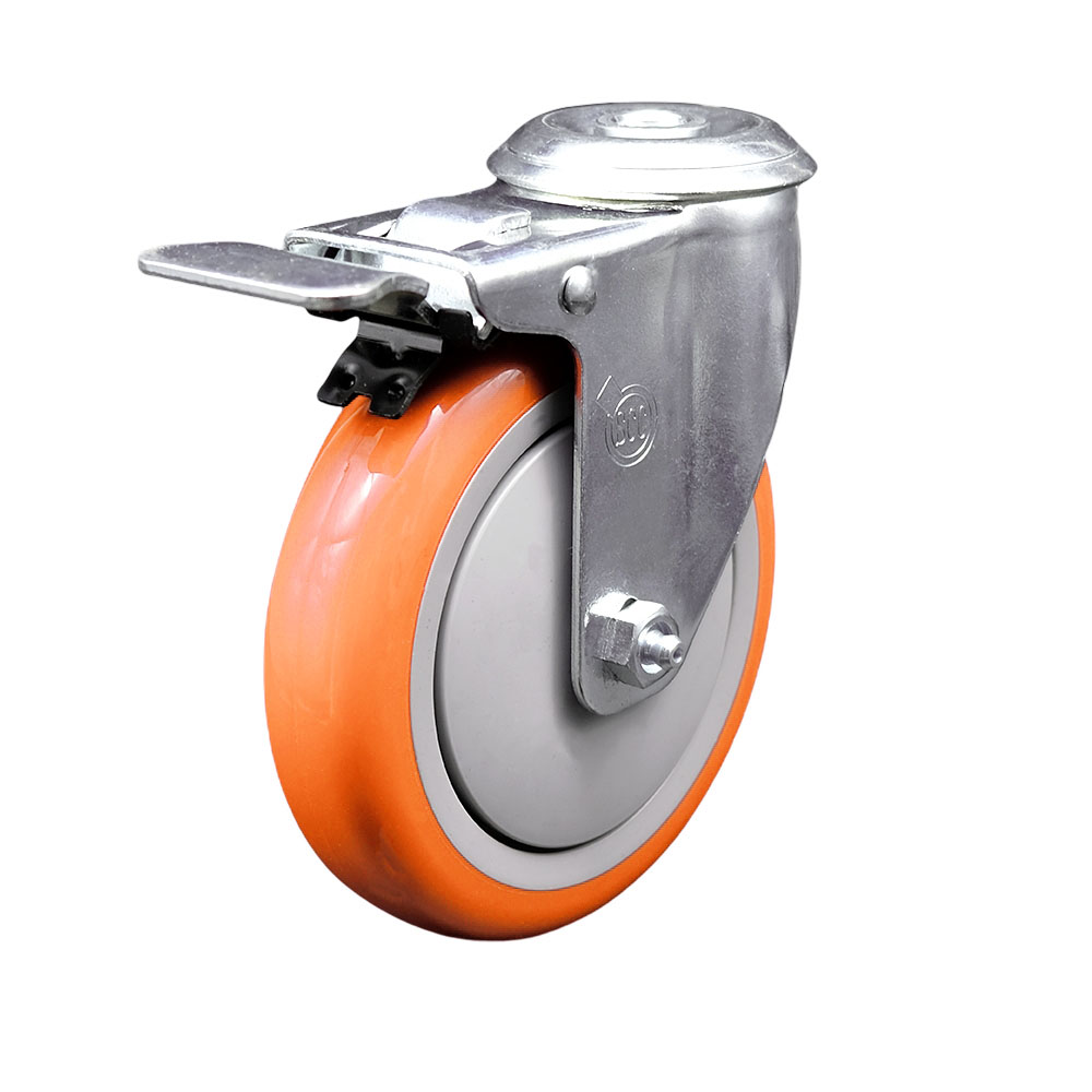 Polyurethane Swivel Bolt Hole Caster w/5" x 1.25" Orange Wheel & Total Locking Brake - 350 lbs Capacity/Caster - Service Caster Brand — photo 1