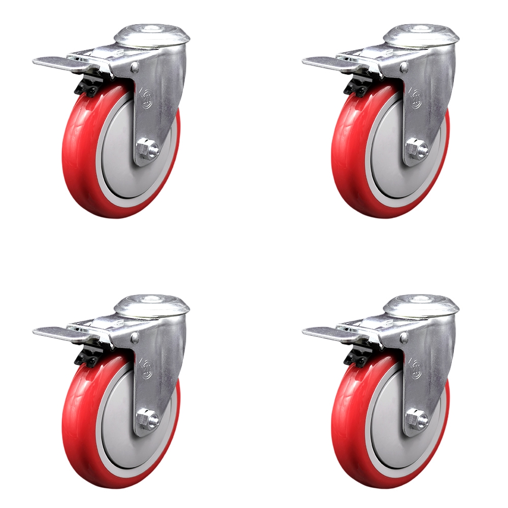 Polyurethane Swivel Bolt Hole Caster Set of 4 w/5" x 1.25" Red Wheels - Includes 4 Swivel with Total Lock Brakes - 1400 lbs Total Capacity - Service Caster Brand — photo 1