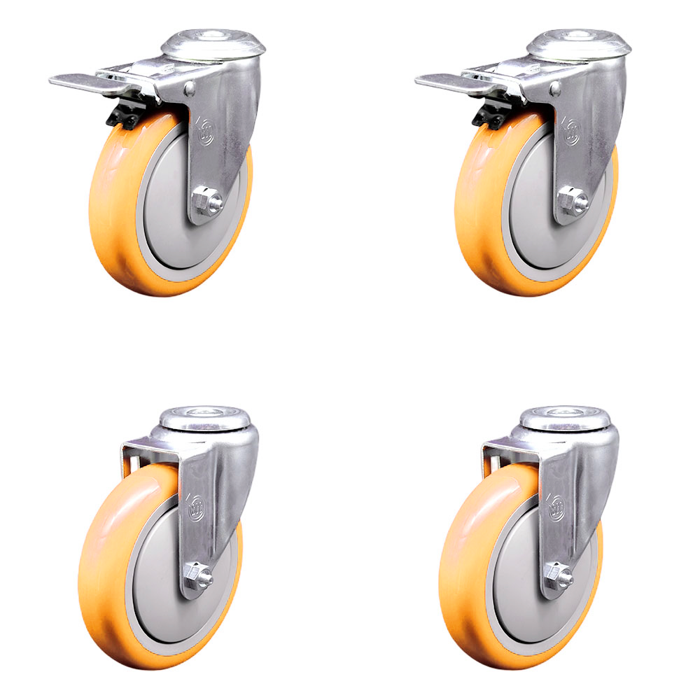Polyurethane Swivel Bolt Hole Caster Set of 4 w/5" x 1.25" Yellow Wheels - Includes 2 with Total Locking Brakes - 1400 lbs Total Capacity - Service Caster Brand — photo 1