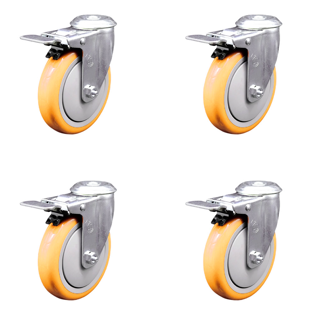 Polyurethane Swivel Bolt Hole Caster Set of 4 w/5" x 1.25" Yellow Wheels - Includes 4 Swivel with Total Lock Brakes - 1400 lbs Total Capacity - Service Caster Brand — photo 1