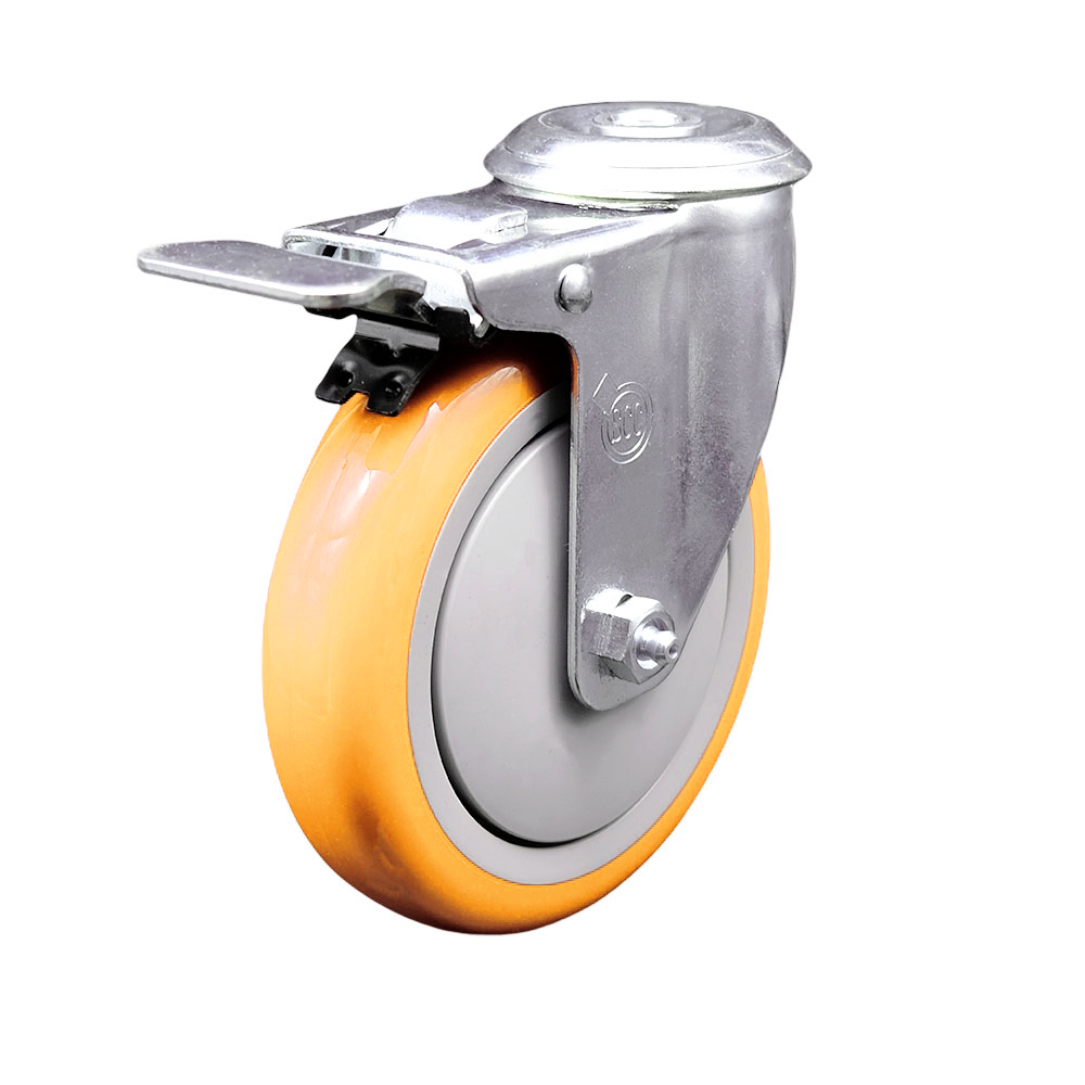Polyurethane Swivel Bolt Hole Caster w/5" x 1.25" Yellow Wheel & Total Locking Brake - 350 lbs Capacity/Caster - Service Caster Brand — photo 1