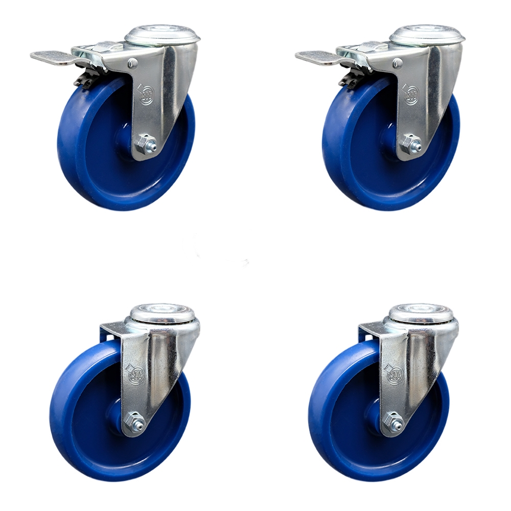 Solid Polyurethane Swivel Bolt Hole Caster Set of 4 w/5" x 1.25" Blue Wheels - Includes 2 with Total Locking Brakes - 1200 lbs Total Capacity - Service Caster Brand — photo 1