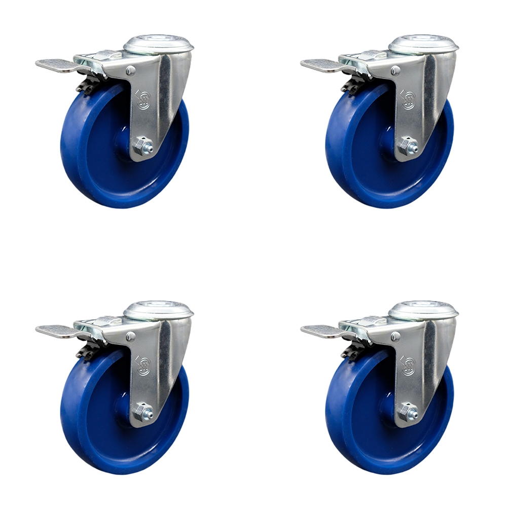 Solid Polyurethane Swivel Bolt Hole Caster Set of 4 w/5" x 1.25" Blue Wheels - Includes 4 Swivel with Total Lock Brakes - 1200 lbs Total Capacity - Service Caster Brand — photo 1