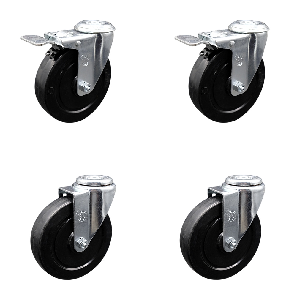 Soft Rubber Swivel Bolt Hole Caster Set of 4 w/5" x 1.25" Black Wheels - Includes 2 with Total Locking Brakes - 1100 lbs Total Capacity - Service Caster Brand — photo 1