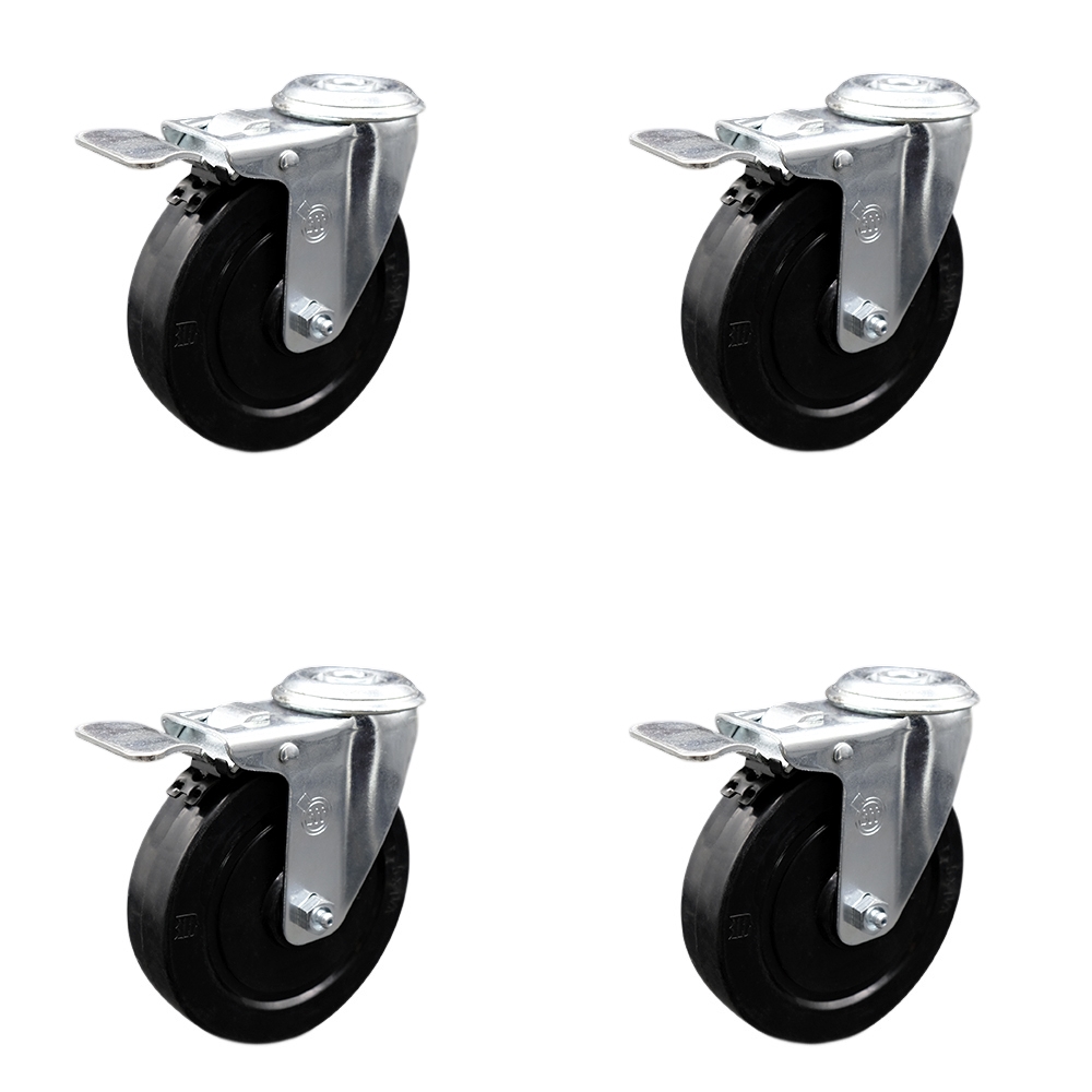 Soft Rubber Swivel Bolt Hole Caster Set of 4 w/5" x 1.25" Black Wheels - Includes 4 Swivel with Total Lock Brakes - 1100 lbs Total Capacity - Service Caster Brand — photo 1