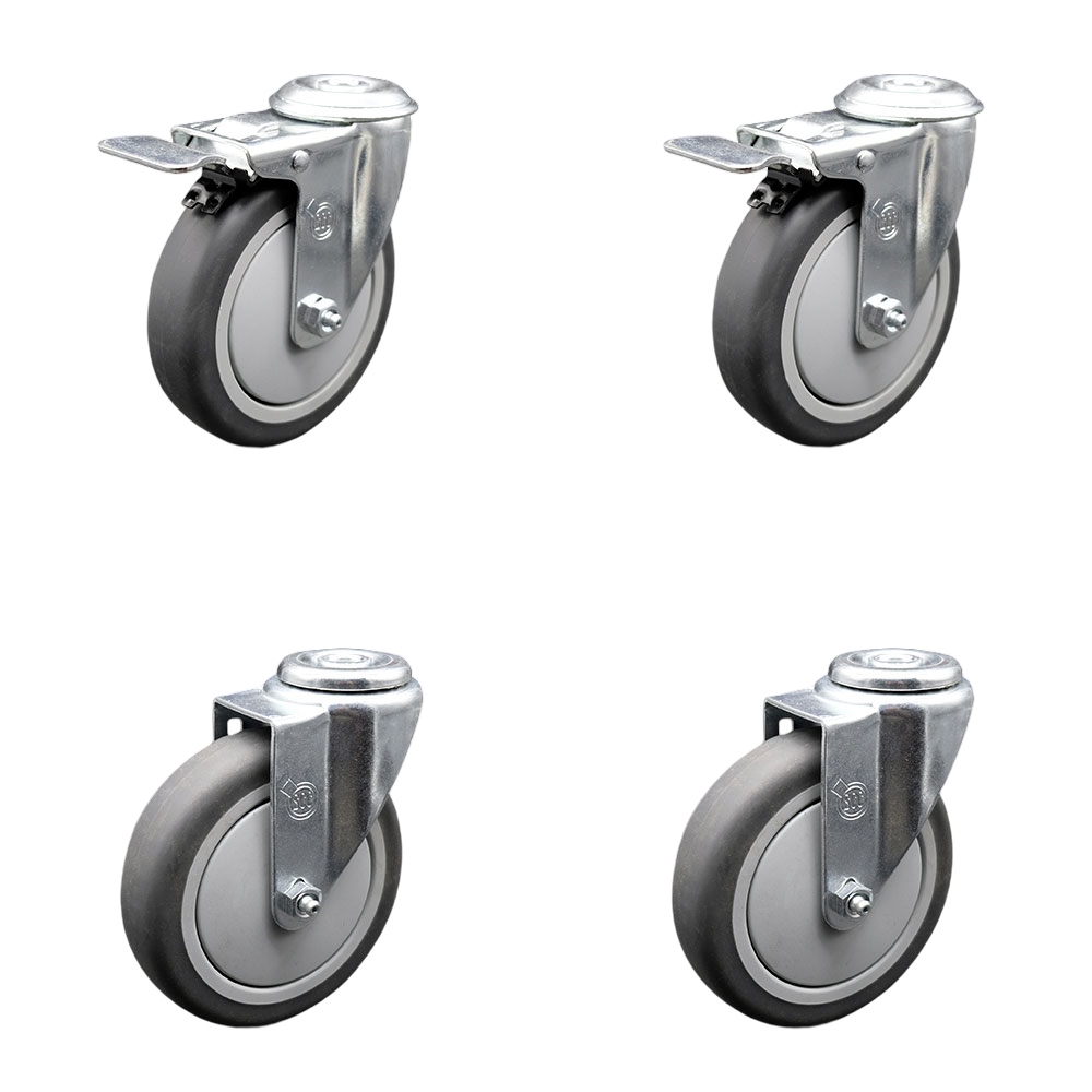 Thermoplastic Rubber Swivel Bolt Hole Caster Set of 4 - 5" x 1.25" Gray Wheels - Includes 2 with Total Locking Brakes - 1,200 lbs Total Capacity - Service Caster Brand — photo 1