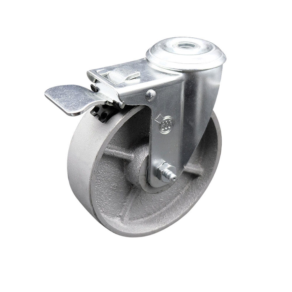 Semi Steel Cast Iron Swivel Bolt Hole Caster - 5" x 1.25" Silver Wheel & Total Locking Brake - 300 lbs Capacity/Caster - Service Caster Brand — photo 1