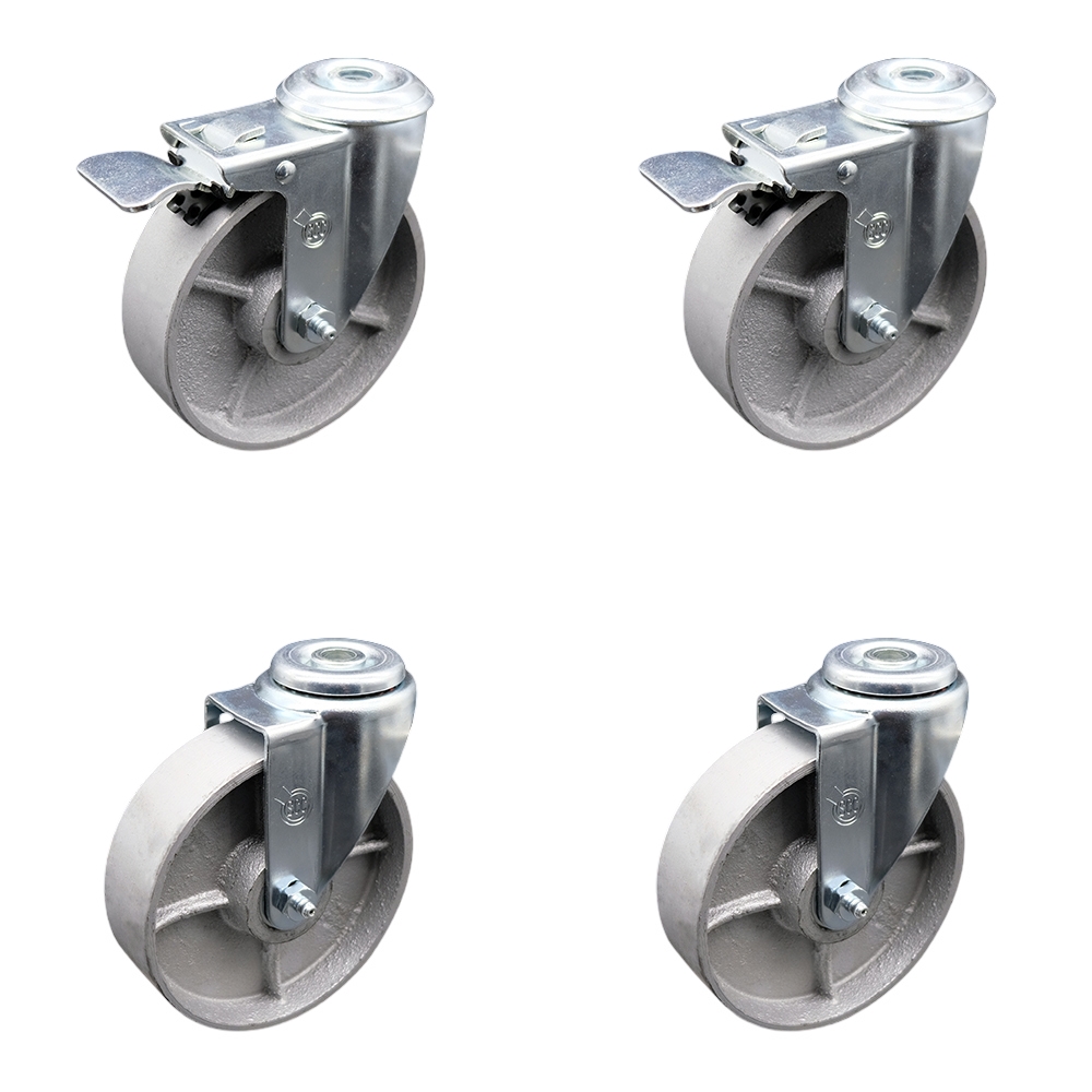 Semi Steel Cast Iron Swivel Bolt Hole Caster Set of 4 - 5" x 1.25" Silver Wheels - Includes 2 with Total Locking Brakes - 1200 lbs Total Capacity - Service Caster Brand — photo 1