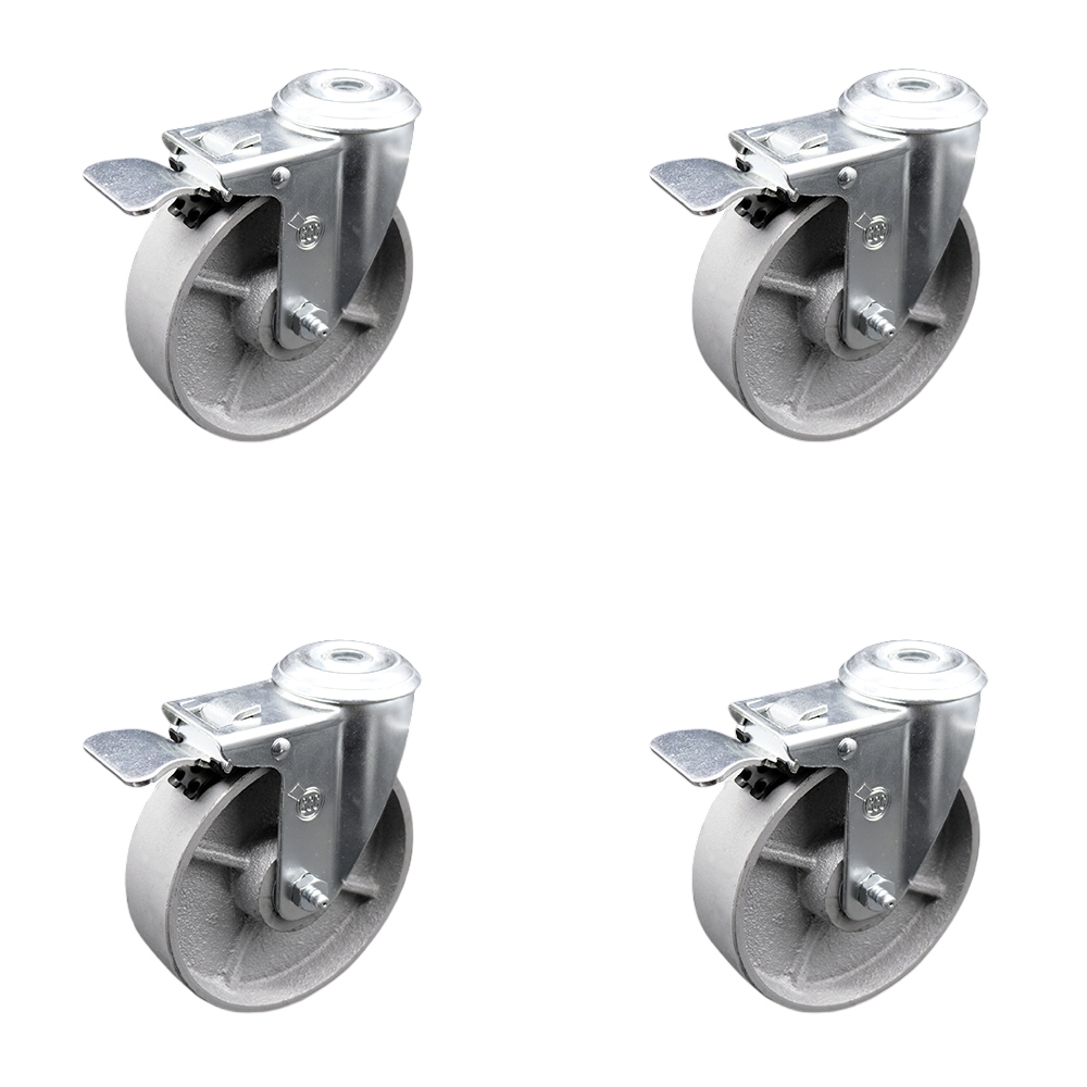 Semi Steel Cast Iron Swivel Bolt Hole Caster w/Roller Bearing Set of 4 w/5" x 1.5" Silver Wheels - Includes 4 Swivel with Total Lock Brakes - 1200 lbs Total Capacity - Service Caster Brand — photo 1