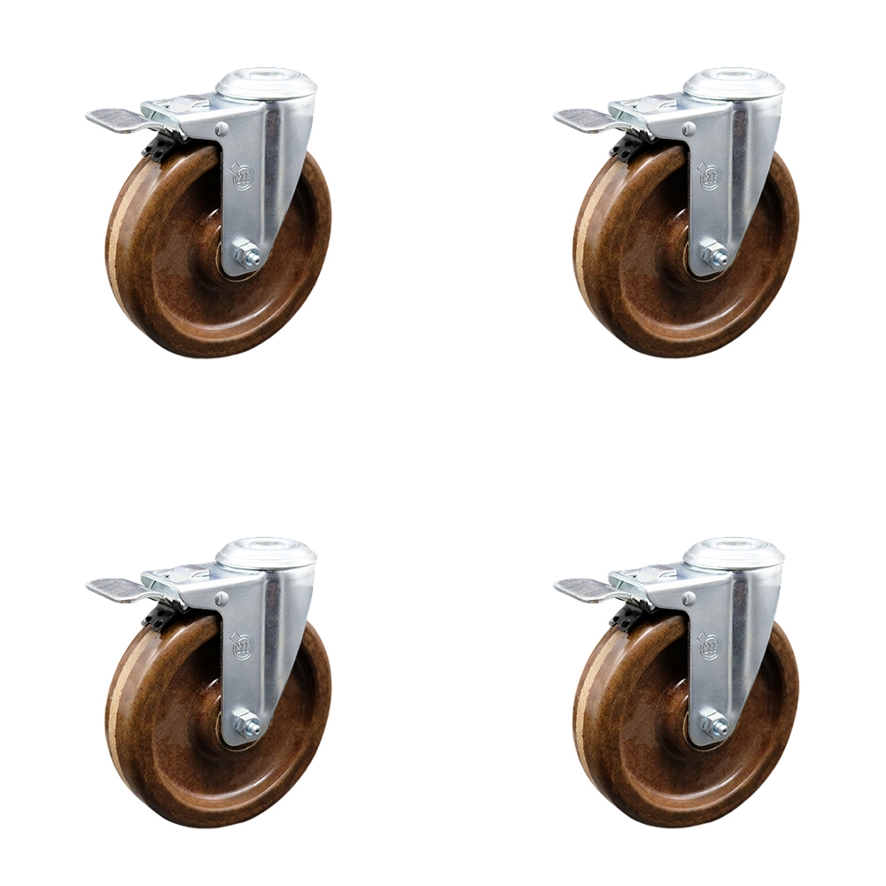 High Temperature Phenolic Swivel Bolt Hole Caster w/Roller Bearing Set of 4 w/6" x 1.5" Brown Wheels - Includes 4 Swivel with Total Lock Brakes - 1200 lbs Total Capacity - Service Caster Brand — photo 1