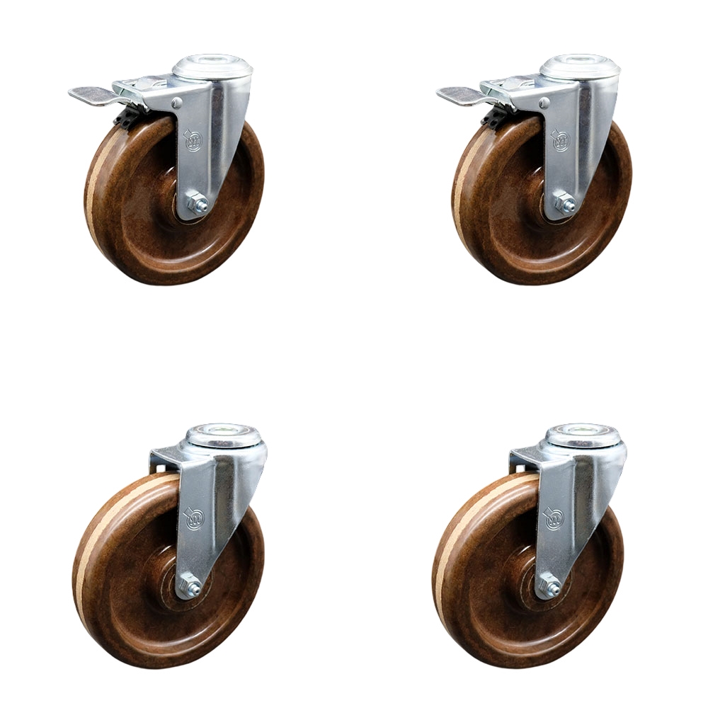 High Temperature Phenolic Swivel Bolt Hole Caster Set of 4 - 6" x 1.5" Brown Wheels - Includes 2 with Total Locking Brakes - 1200 lbs Total Capacity - Service Caster Brand — photo 1