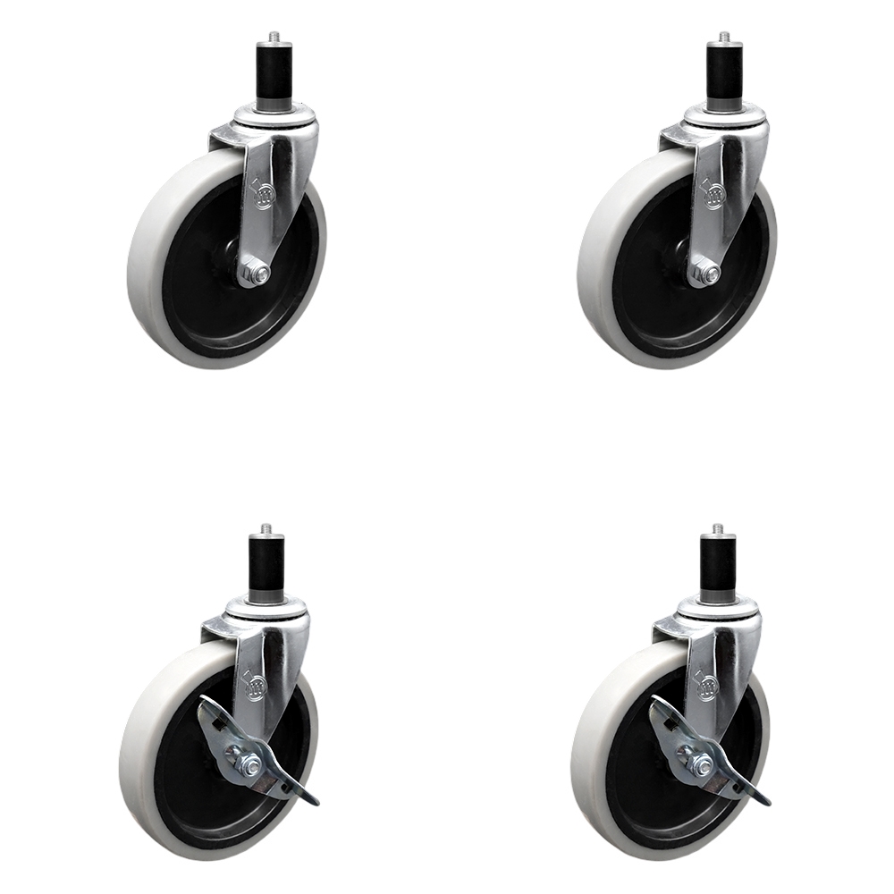 5 Inch Swivel Thermoplastic Rubber Casters Set of 4 - 1-1/2 Inch Expanding Adapter Stem Casters - Includes 2 with Side Lock Brake - Service Caster Brand — photo 1