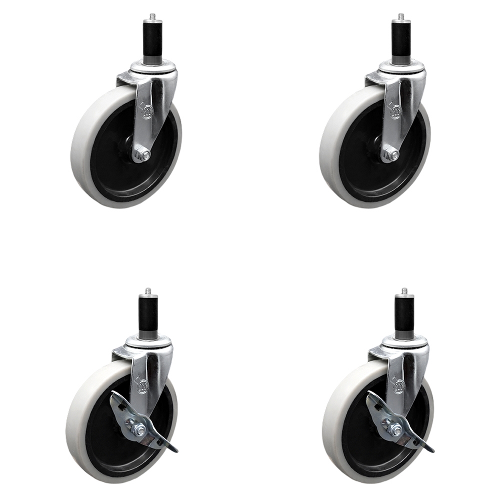 5 Inch Swivel Thermoplastic Rubber Casters Set of 4 - 1-1/4 Inch Expanding Adapter Stem Casters - Includes 2 with Side Lock Brake - Service Caster Brand — photo 1