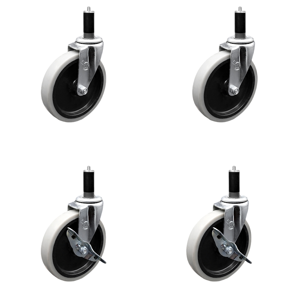 5 Inch Swivel Thermoplastic Rubber Casters Set of 4 - 1-1/8 Inch Expanding Adapter Stem Casters - Includes 2 with Side Lock Brake - Service Caster Brand — photo 1