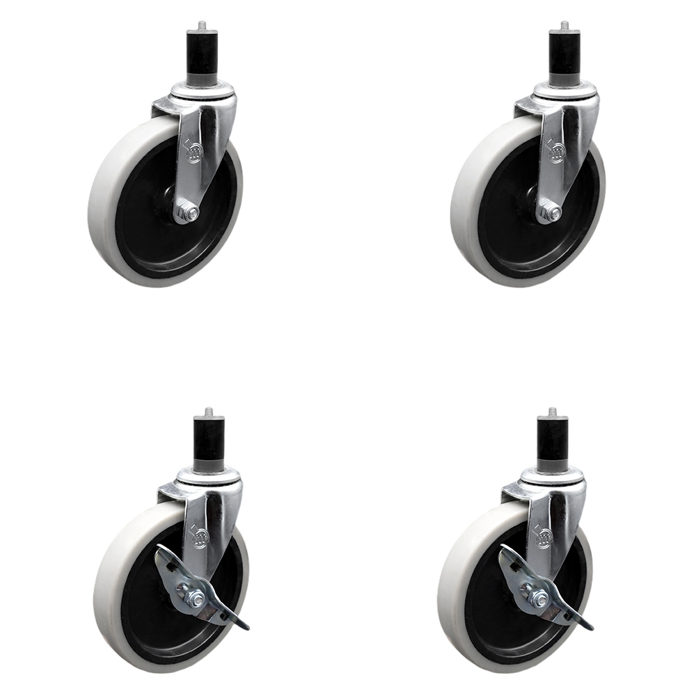 5 Inch Swivel Thermoplastic Rubber Casters Set of 4 - 1-5/8 Inch Expanding Adapter Stem Casters - Includes 2 with Side Lock Brake - Service Caster Brand — photo 1