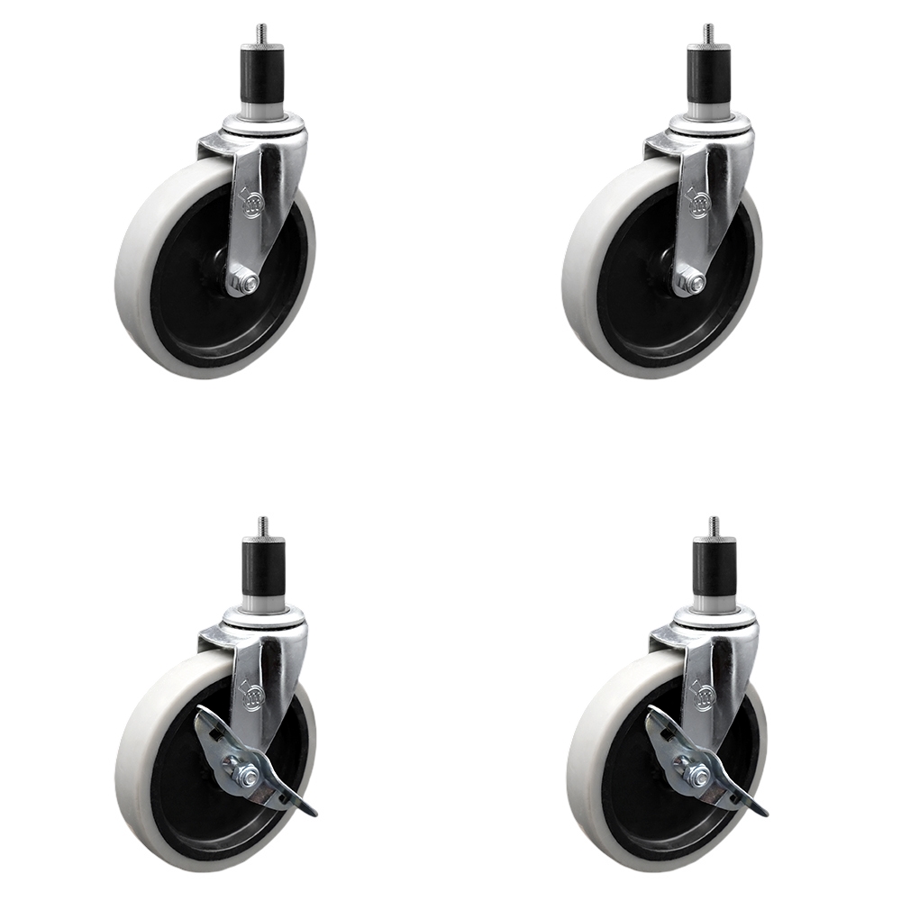 5 Inch Swivel Thermoplastic Rubber Casters Set of 4 - 1-7/8 Inch Expanding Adapter Stem Casters - Includes 2 with Side Lock Brake - Service Caster Brand — photo 1