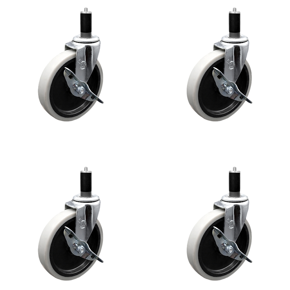 5 Inch Swivel Thermoplastic Rubber Caster Wheels and 1-1/4 Inch Expanding Adapter Stem Casters and Brakes - 520 lbs. Total Capacity - Set of 4 - Service Caster Brand — photo 1