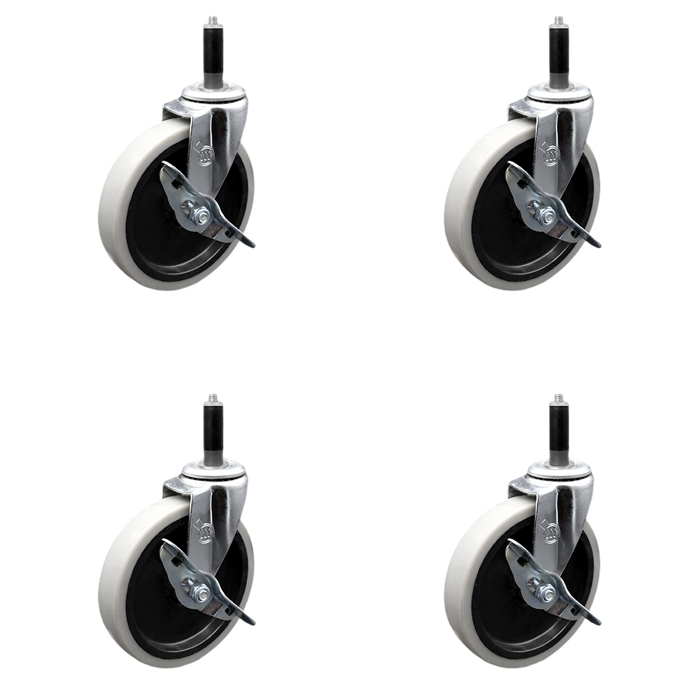5 Inch Swivel Thermoplastic Rubber Caster Wheels and 7/8 Inch Expanding Adapter Stem Casters and Brakes - 520 lbs. Total Capacity - Set of 4 - Service Caster Brand — photo 1