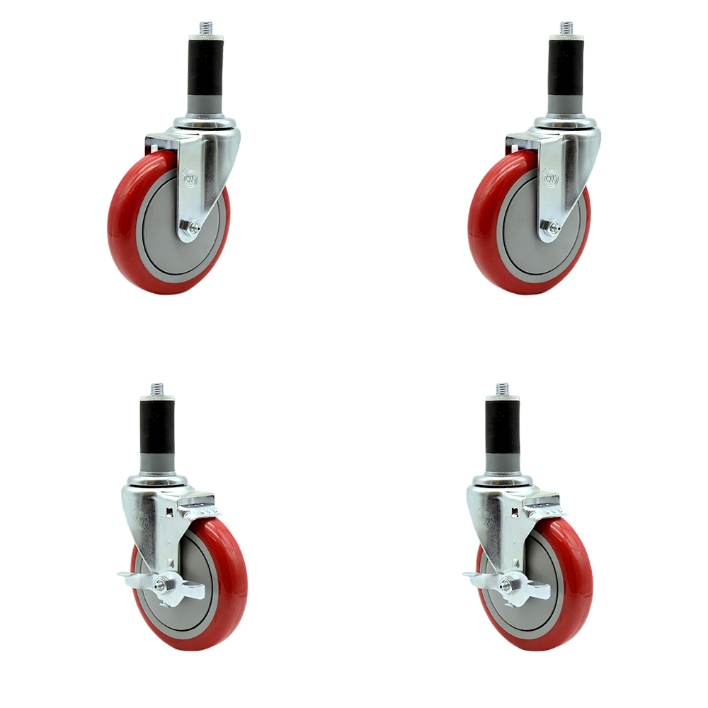 Regency Work Table and Equipment Stand Caster Set – 5 Inch Red Poly Wheel -  Replacement Caster Set - 2 Swivel Casters and 2 Swivel Casters with Brakes - Set of 4 - Service Caster Brand — photo 1