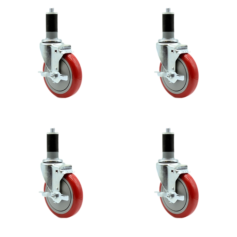 Regency Work Table and Equipment Stand Replacement Locking Caster Set – 5 Inch Red Polyurethane Wheel - 4 Swivel Casters - Set of 4 - Service Caster Brand — photo 1