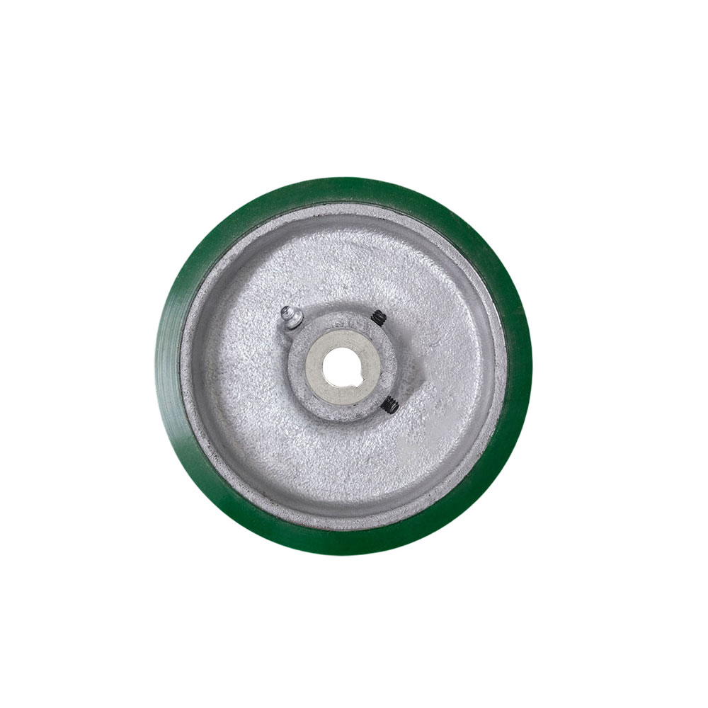10" x 3" Green Polyurethane Tread on Cast Iron Keyed Drive Wheel - 20mm Plain Bore with two 1/4" Set Screws  -  Service Caster Brand — photo 1