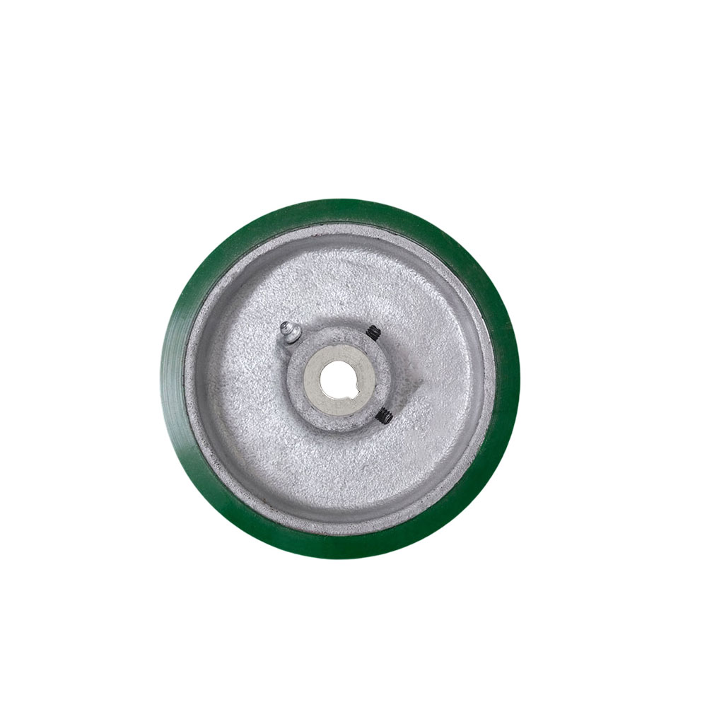 4" x 1.5" Green Polyurethane Tread on Cast Iron Keyed Drive Wheel - 1/2" Plain Bore with two 1/4" Set Screws  -  Service Caster Brand — photo 1